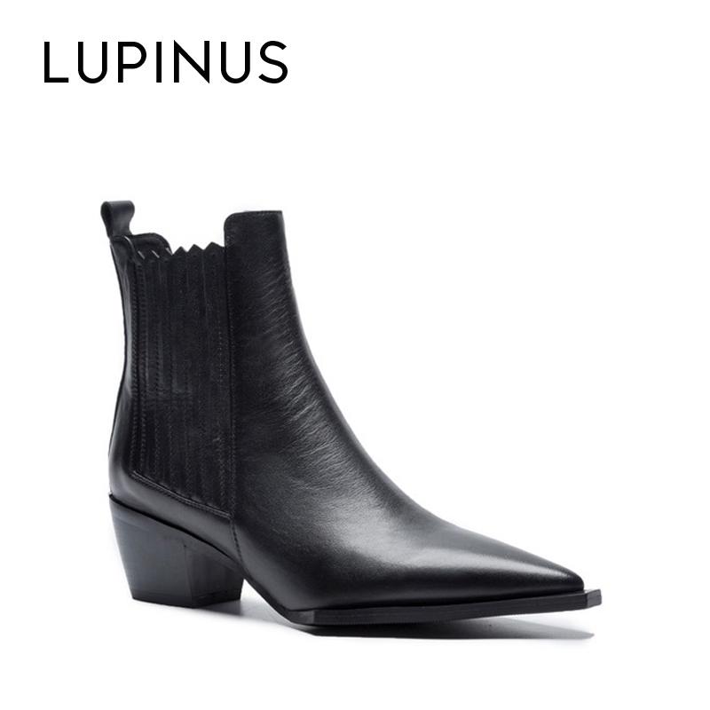 

Lupinus Fashion British Style Pointed Winter Women Ankle Boots High Quality Leather Chunky Heel Women Casual Short Boots Mujer, White