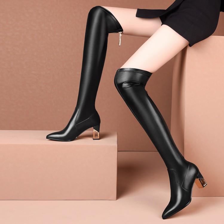 

Women High Heels Over The Knee Boots Round Toe Genuine Leather Footwear Stretch Female Boot Platform Shoes Women Winter Boots, Black