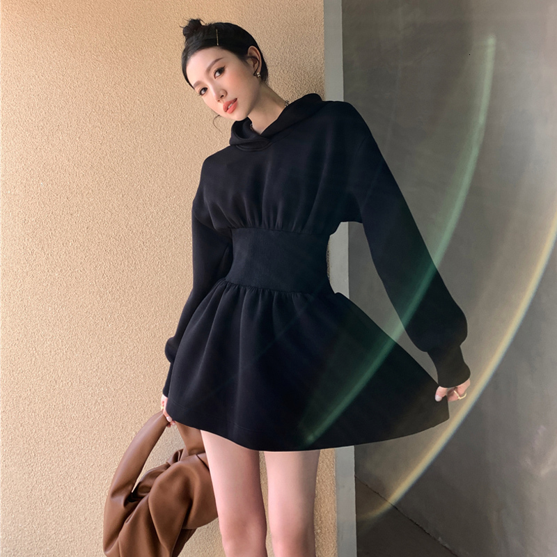 

2021 New Vintage Women Dressed Hoodie High Line Plus Size Spring Long Thin Dress Streetwear EOCA, Black