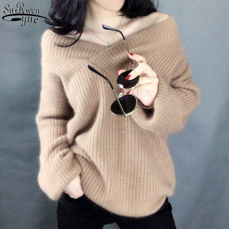 

Loose Plus Size Women Sweater V Neck Knitted Pullover Autumn and Winter Korean Sweater Office Knitwear Bottoming 10525 201130, White