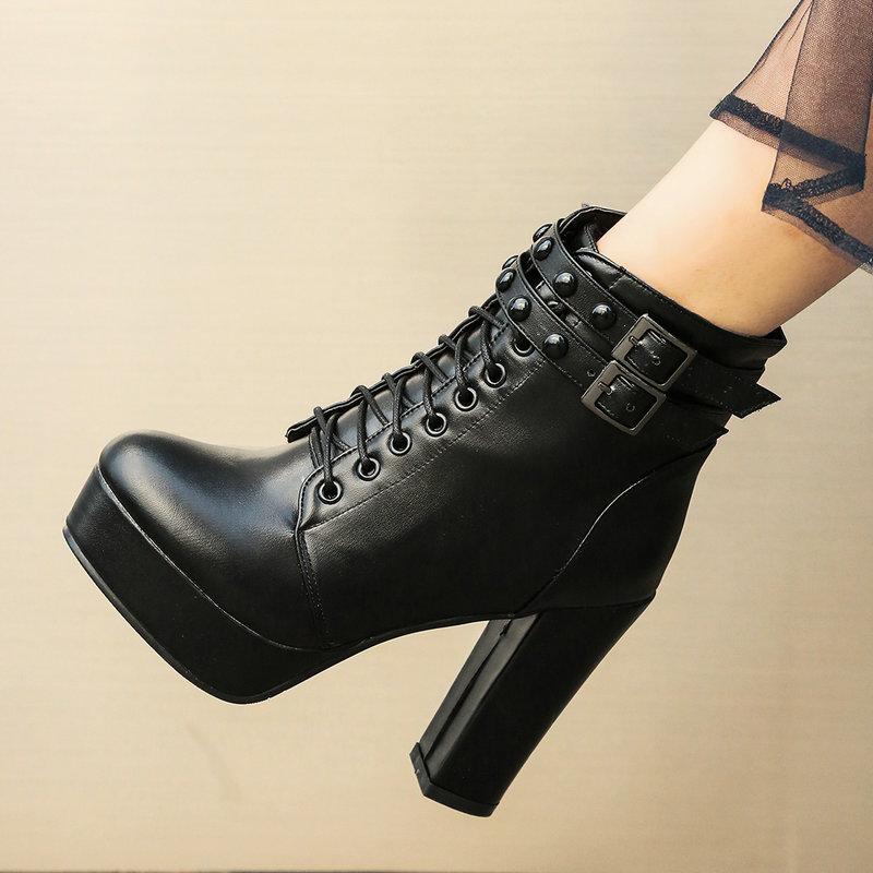 

Spring Winter Women Riding Boots Sexy Super High Heels Lace Up Buckle Thick Sole Platform Black Ankle Boots Plus Size 46, Brown winter model