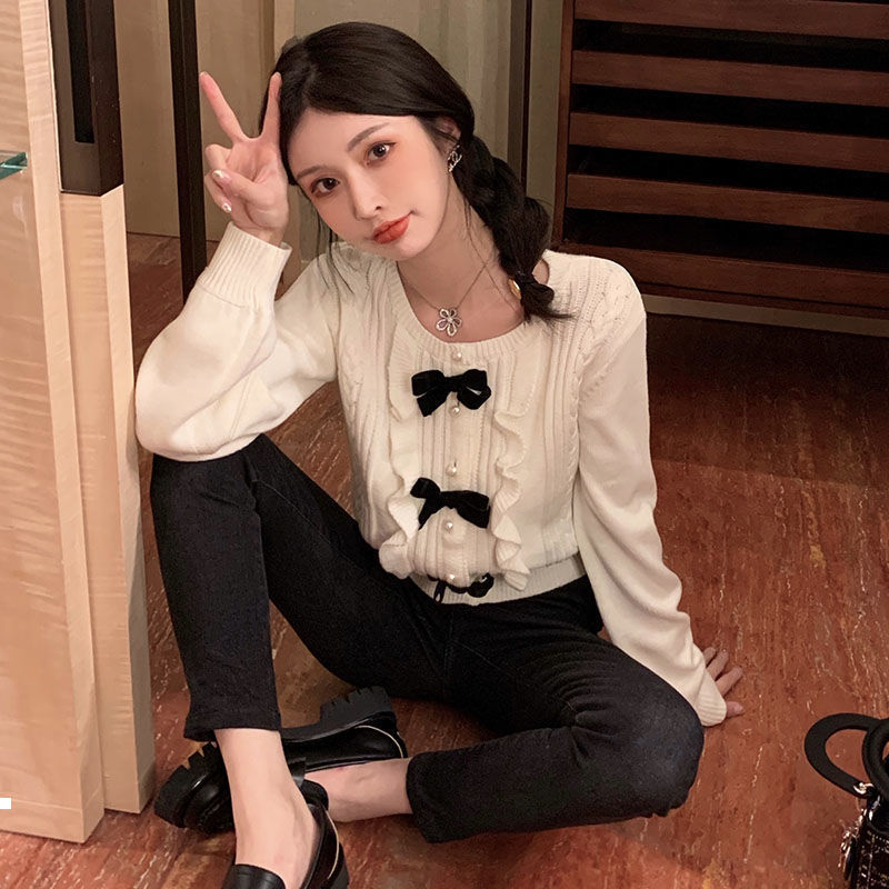 

Sweet 2021 New pleated bowknot autumn short female long sleeve jacket thin y496 mesh UWL8, Hei