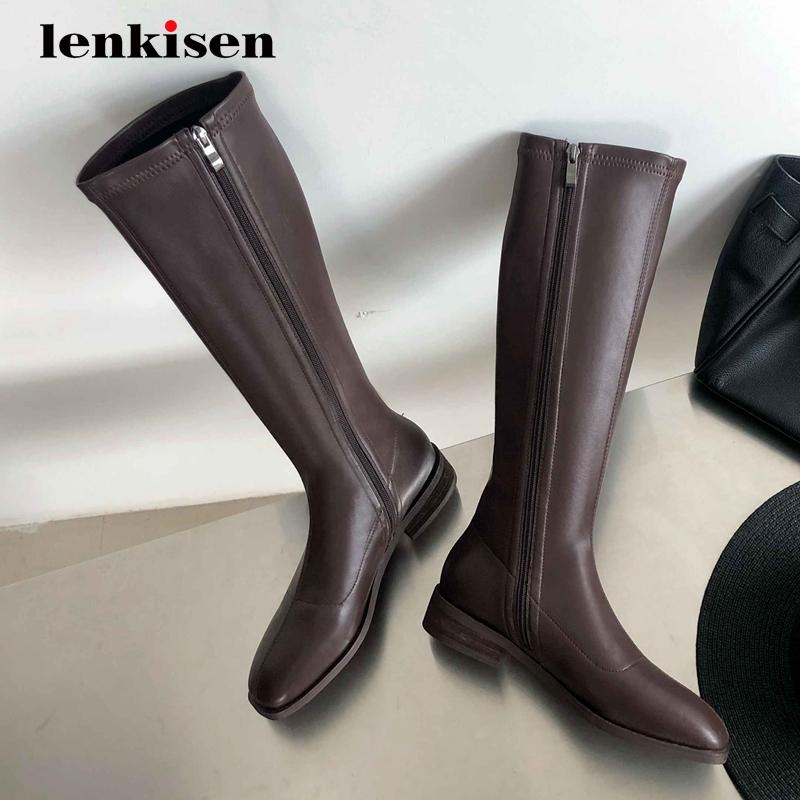 

Lenkisen equestrian boots microfiber three colors recommend round toe thick low heel zipper gentlewomen cozy knee-high boots L15, Black short