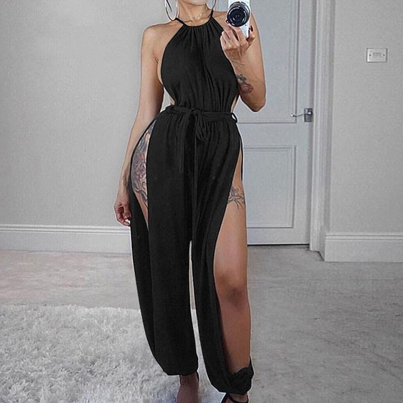 

2021 New Sexy Sleeveless Fashion Halter Cleft Side Women's Released Overalls Party Piece Jumpsuit Clubwear Club E4EM, Red