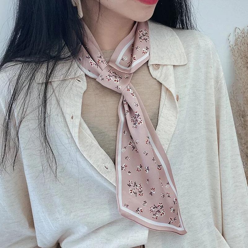

Floral Print Long silk Female Decoration Pointed Korea Decorative Small Scarf Tied Bag Scarf Hair Band Wild