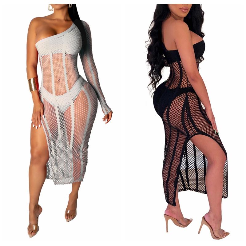 

3PCS/SET Beach cover ups 2021 New One shoulder High split bikini swimsuit Bathing suit cover up beach Midi dress, White