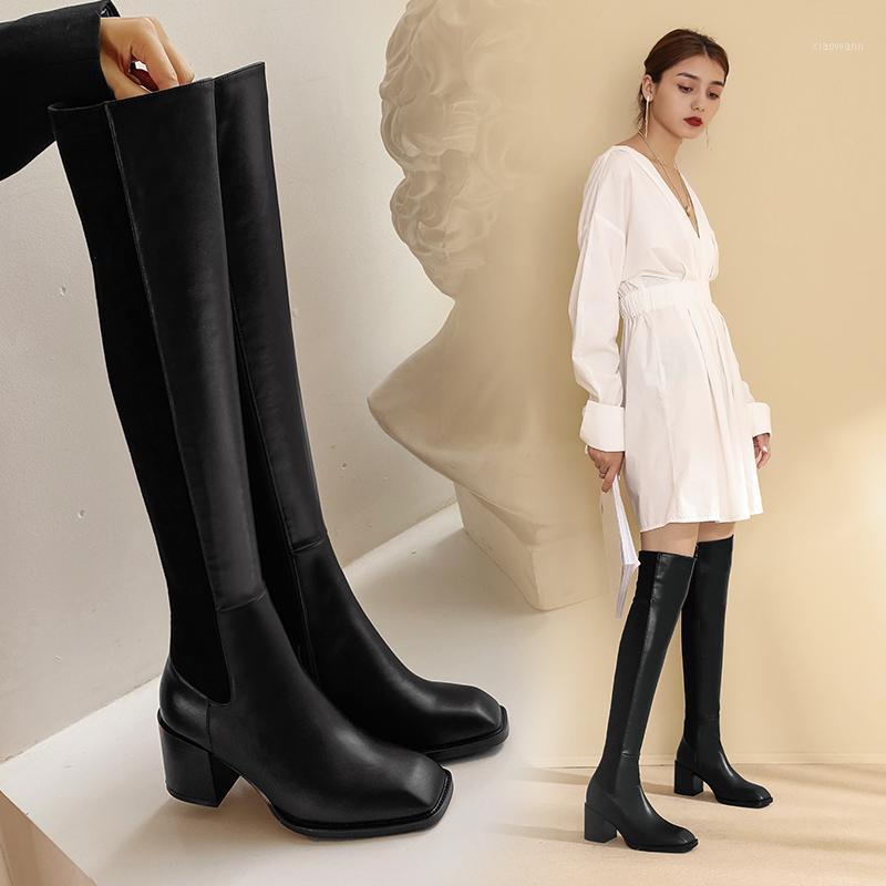 

2020 Autumn winter square head warm leather boots all match fashion black thin leg high boots skinny stretch X5181