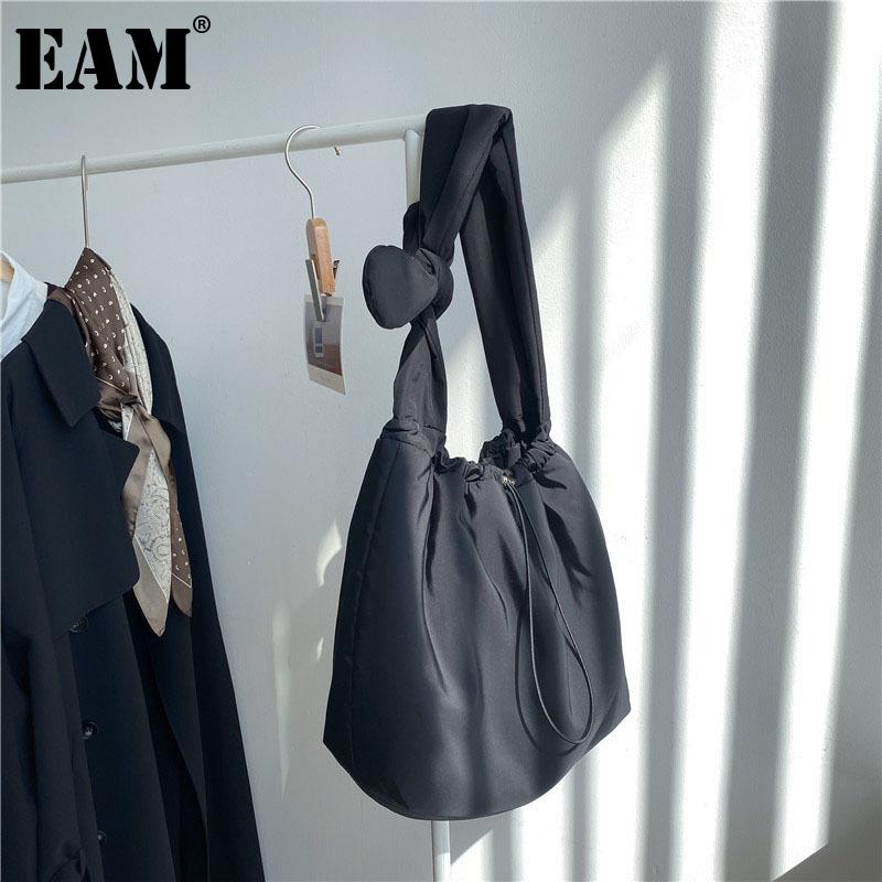 

[EAM] Women New Tie Bow Cotton Bag Drawstring Large Personality All-match Crossbody Shoulder Bag Fashion Tide 2021 18A1305, Black