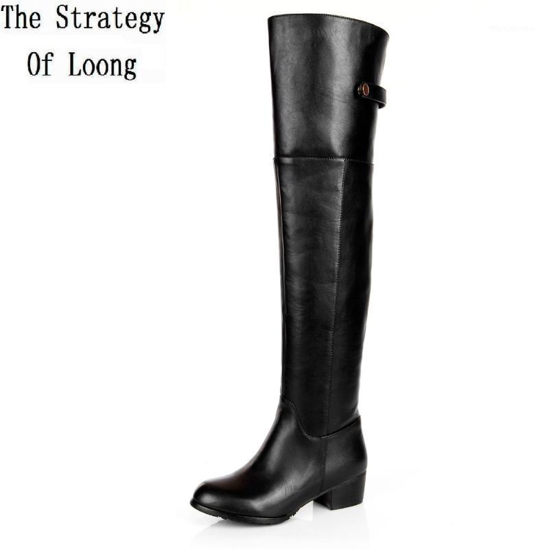 

Genuine Leather Women Winter Long Boots Over The Knee Buckle Low Heel Boots 2020 New Fashion Flat Plus Size 34-45 SXQ10041, Black