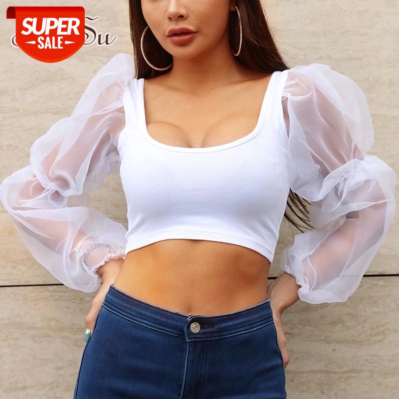 

ArtSu 2020 Spring Patchwork Mesh Top Transparent Black Long Sleeve Crop Top Tshirt Sexy Basic Shirt Tee T-shirt Femme ASTS21451 #Du1B, White