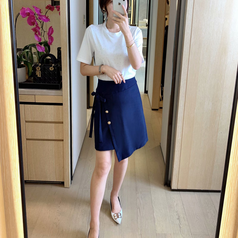 

Adesive T-shirts Couture Retro Impression Bowknot Blue Skirt Half-dressed From Women of Two High Quality Pieces Spring and Summer 0zod, Navy blue.