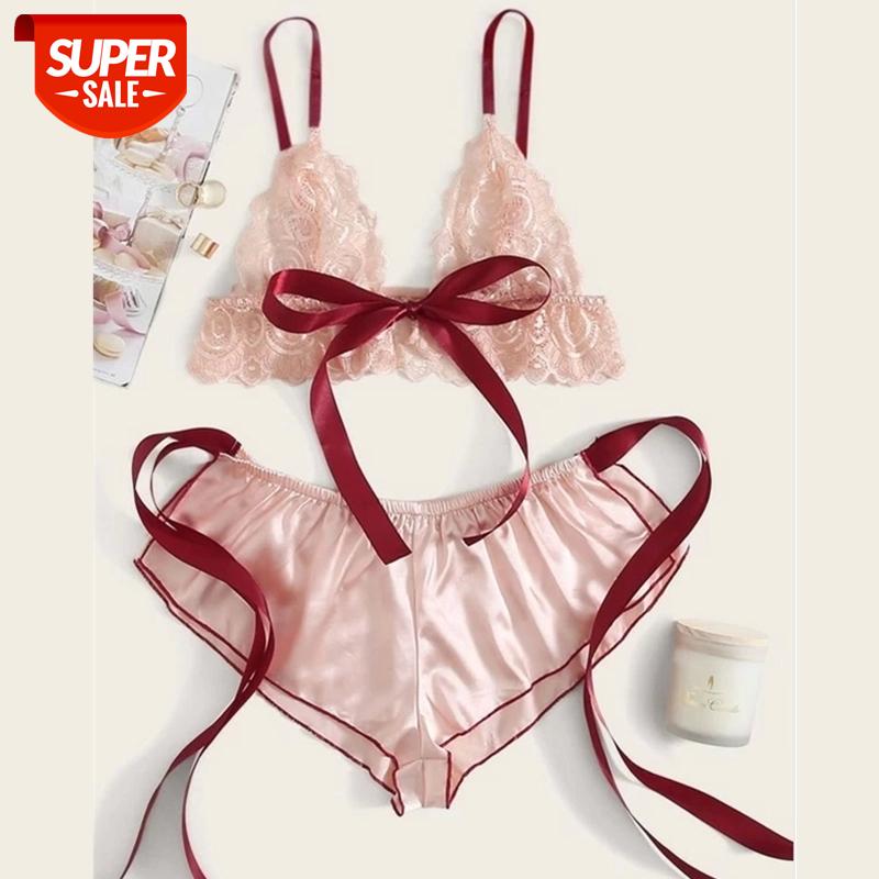 

Sexy Two Piece Lingerie Set Babydoll Pajamas Women Lace Triangle Bralette Bra+Lace Up Bowknot Shorts Satin Sleepwear Underwear #9h4q, Black;white