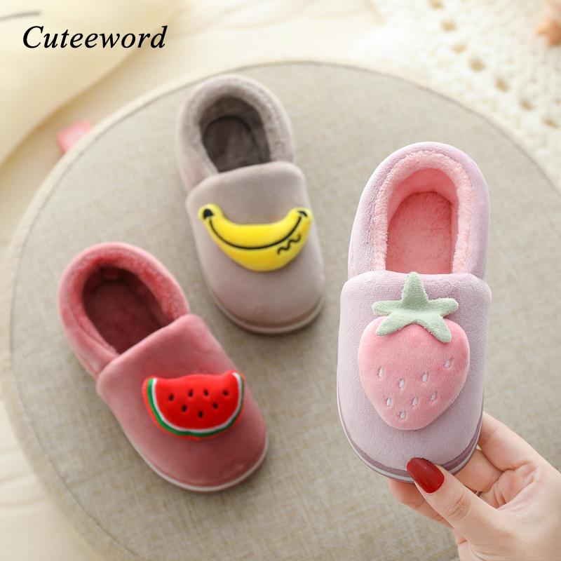

Winter Children Shoes Cotton Slippers Boys and Girls Baby Kids Home Shoes Cute Fruit Plus Velvet Warm Non-slip Baby Slippers, Brown