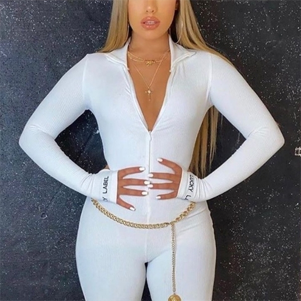 Col de turtleneck Knit Rib Kipper Modycon Fitness Playssuit Sportswear à manches longues Zipper Body Broderie Lucky Label Rompers Combinaison Wom