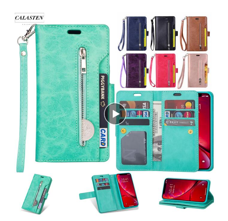 

Flip Leather Shockproof Cell Phone Cases Magnetic Zipper Pocket Wallet Purse Cover with Card Slot Holder Wrist Strap For iPhone 11 12 13 Pro Max Xr Xs 7 8 Plus, Blue