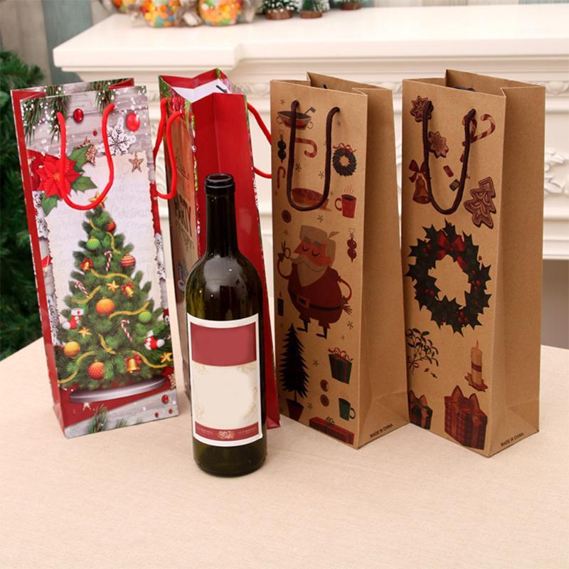 

6 Pcs Christmas Gift Bags Reusable Christmas Wine Bottle Gift Bags Kraft Paper Shopping Bag Packing with Handle new1
