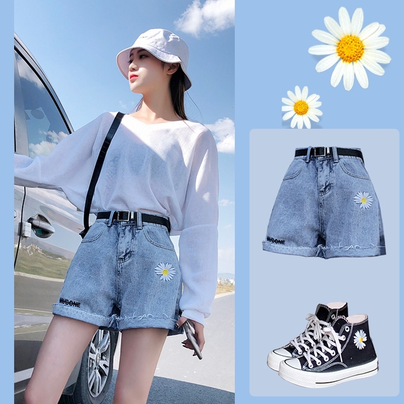 

Summer High Waist Denim Shorts Women Casual Loose Ladies Fashion Roll Up Hem Elastic Waist Pocket Blue White Jeans Female Y200822