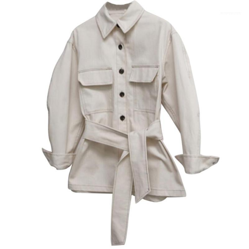 

lapel single-breasted denim jacket women safari style slim waist belted jeans coat1, White