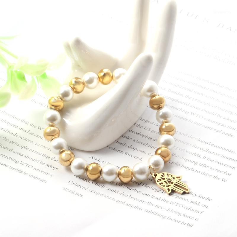 

2020 New Cute Small Elegant Pearl Bracelet Stainless Steel Golden Tape Pearl Steel Ball Hand Jewelry without rhinestone bracelet1