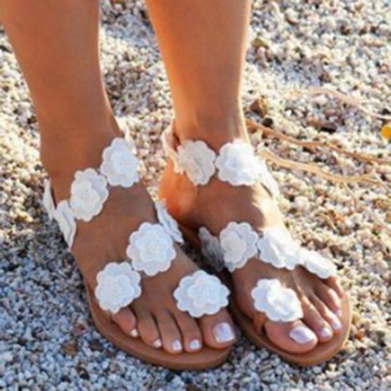 

Women Sandals Bohemia Style Summer Shoes For Women Flat Sandals Beach Shoes 2021 Flowers Flip Flops Plus Size Chaussures Femme1, White