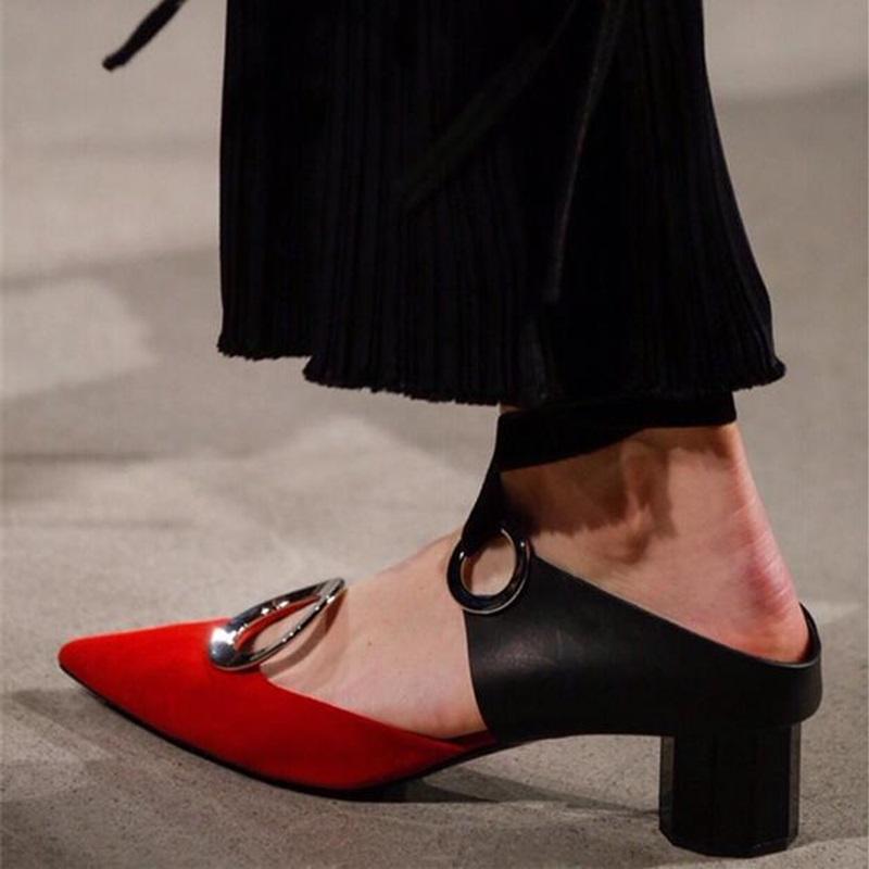 

Shoes Autumn For Women 2021 Metal Buckle Decor Pointed Toe Chunky Heel Shoes Ladies Lace-up Leather Women's Mixed Color, As picture