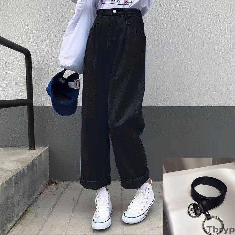 

New Jeans Ladies Solid Color Retro High Waist Wide Leg Denim Trousers Simple Student All-match Loose Fashion Harajuku Women's Ch1, Single blue pants