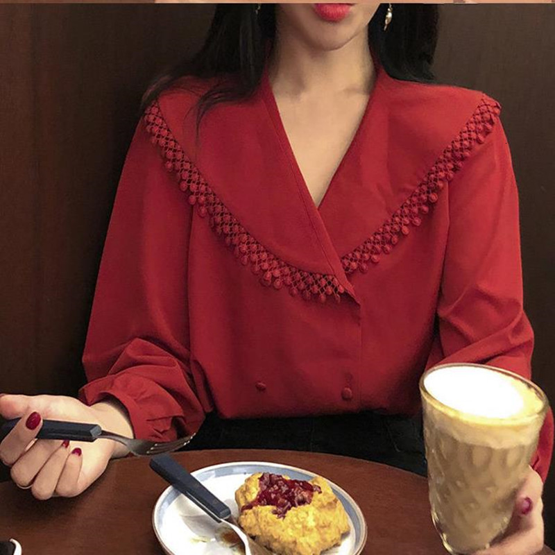 

2021 New Spring Clavicle Retro Shirt Long Sleeve Top E04t, Red.