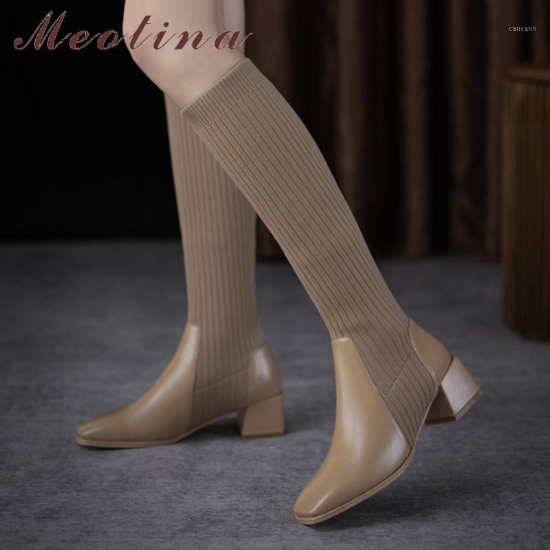 

Meotina High Heel Women Boots Knee High Boots Chunky Heel Slim Stretch Shoes Square Toe Female Long Autumn Winter Brown 431, Brown velvet lining