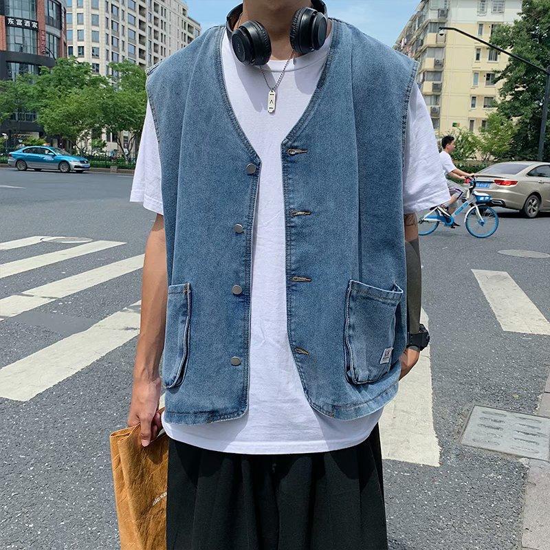 

3XL Men' Casual Button Up Denim Vest Vintage Sleeveless Jeans Vest Jacket Collarless Streetwear Single Breasted Waistcoat Men, Light blue vests men