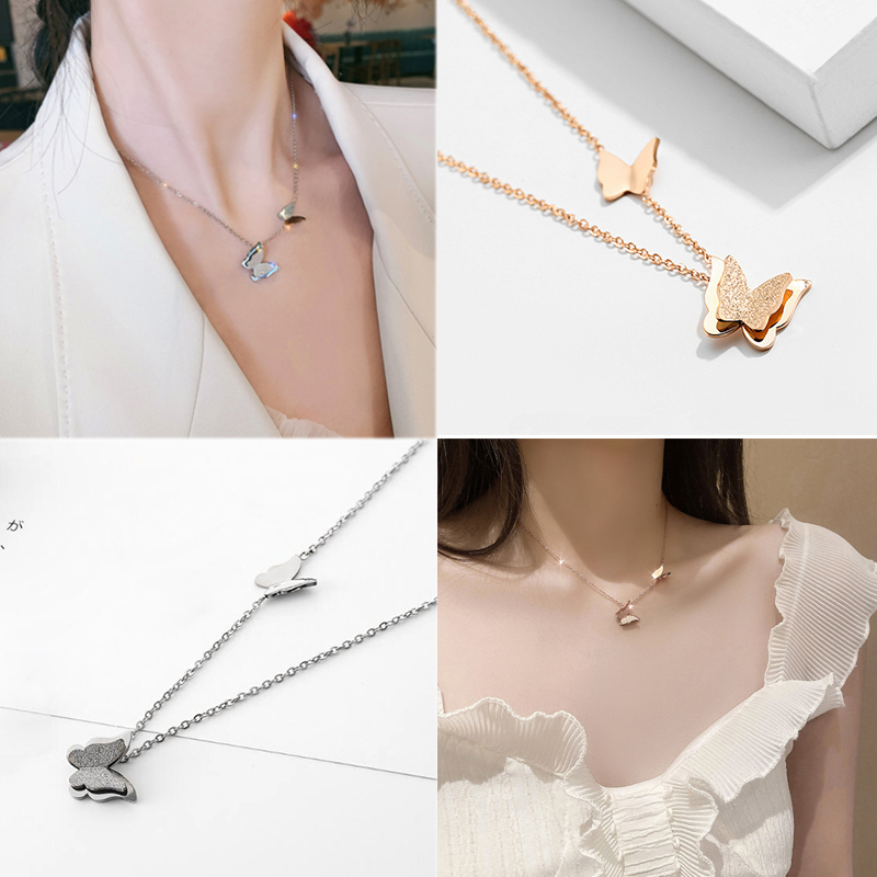 

New Non-fading stainless steel Double butterfly gold silver color Necklace Women Choker Necklaces Pendants Femme Chain jewelry