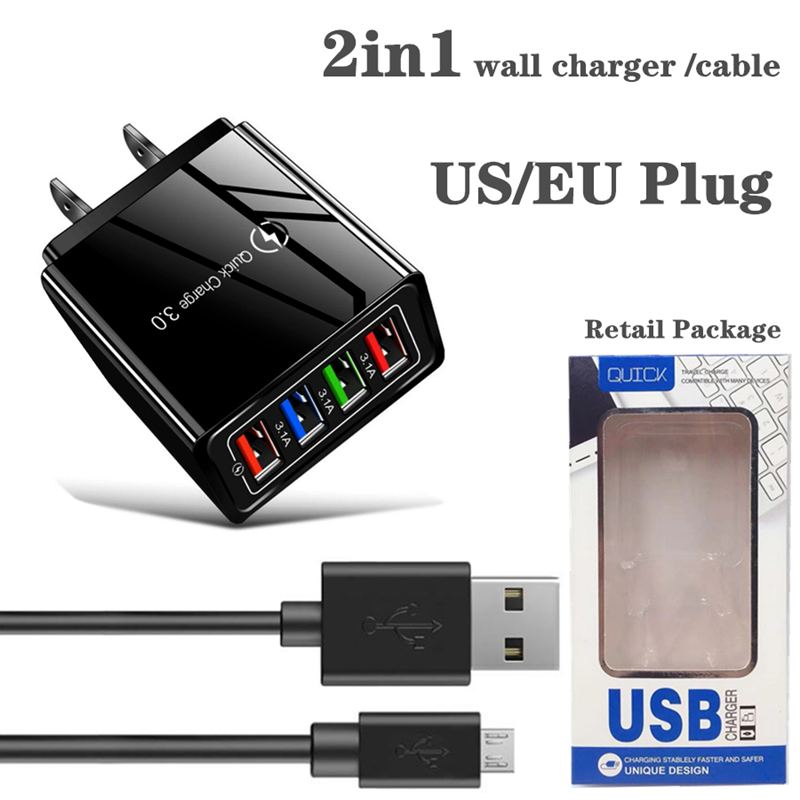 

2in1 wall charger and 1M cable 4 port USB Charger Quick Charge qc 3.0 Phone Adapter Wall Mobile Fast Charger EU US Plug 2.1A usb cable