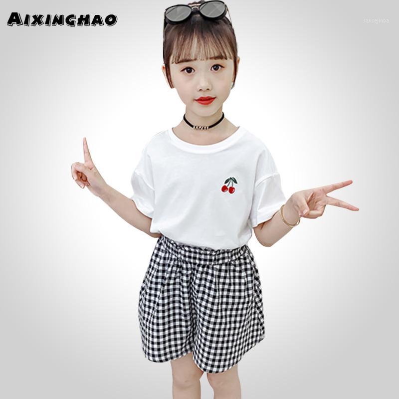 

Kids Summer Clothes Cherry Clothes For Girls Tshirt + Plaid Short Girl Outfit Casual Style Kid1, As picture