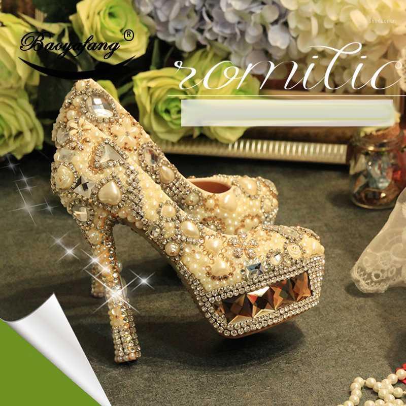 

BaoYaFang New arrival Champagne crystal Women Wedding shoes Woman ivory pearl platform shoes Luxury High real leather1, 14cm shoe