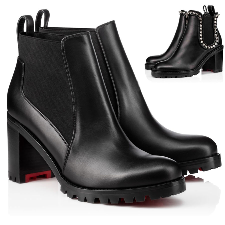

Women's Black Boot Leather Ankle Boots Sexy Ladies Red Bottom Boots Fashion Rivet Western Booty Round Toe Motorcycle boots with dustbag