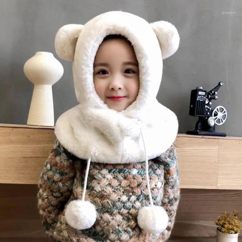

Adjustable Kid Baby Girls Winter Warm Scarf Thick Earflaps Beanie Children Girl With Hairball Protect Face Neck Caps Cute Hats1, White