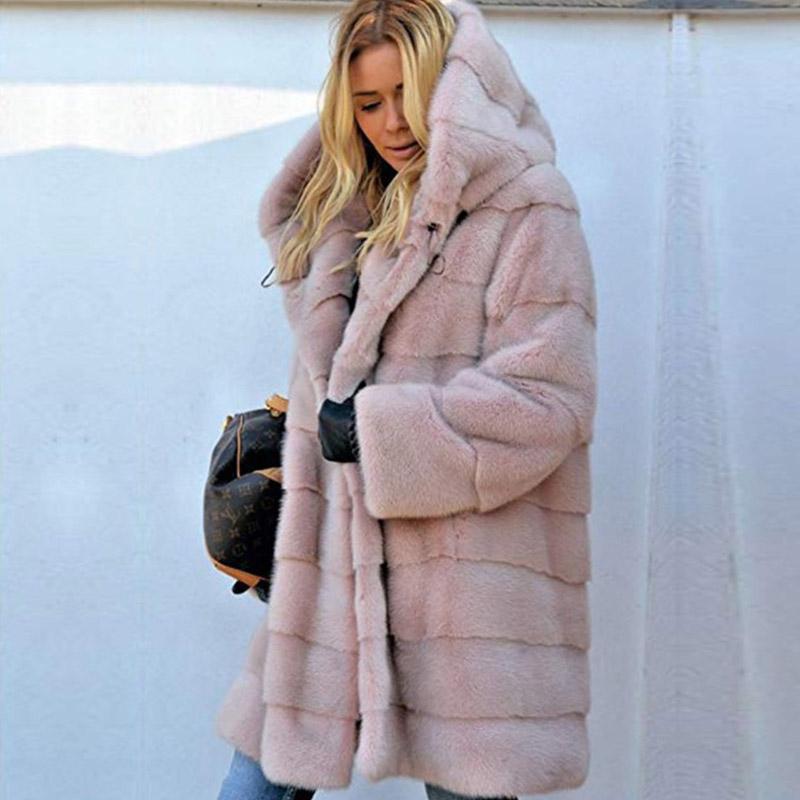 

2020 Warm Autumn Winter Faux Fur Hooded Long Coats Women Long Sleeve Velvet Plus Size Outwear Ladies Oversized Elegant Overcoat, Black