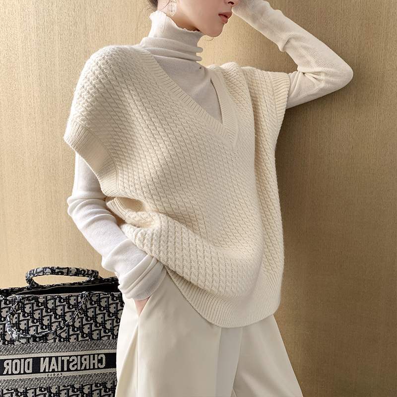 

2021 Autumn and Winter New Korean Style v Neck Knitted Solid Color Sleeveless Vest Knit Sweaters Womens Pullovers Top Imko, Ivory