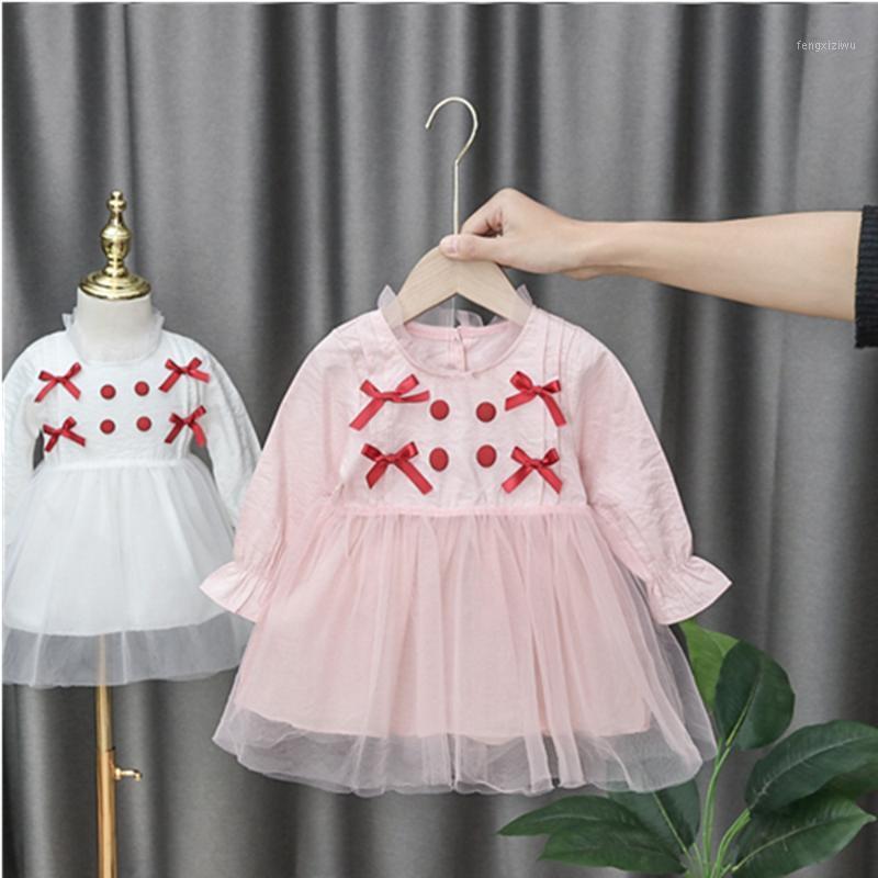 

Baby Girl Spring Dress Baby Girl Fashion Stretch Mesh Princess Dress Long Sleeves Button Solid Splicing Dresses RL21, Pink