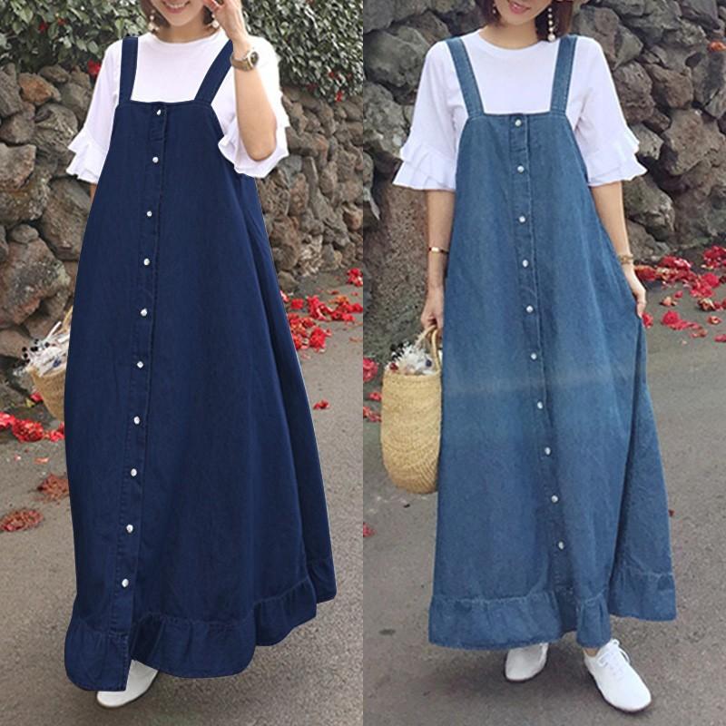 

2020 ZANZEA Summer Ruffles Overalls Dress Women Denim Blue Sundress Vintage Solid Maxi Long Vestido Femme Flounce Dress Robe, Dark blue