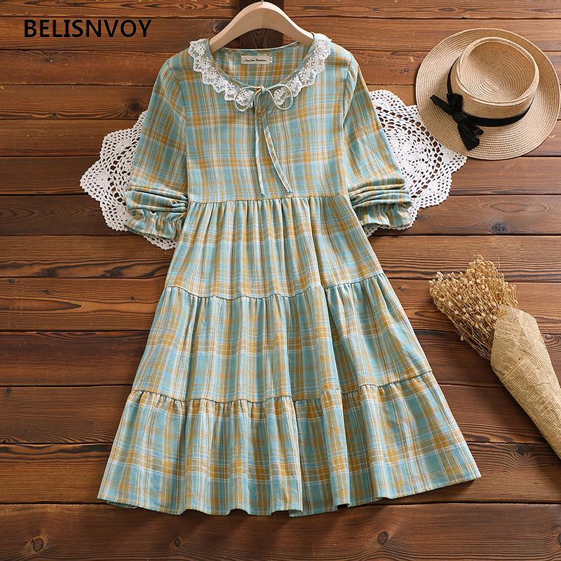 

Preppy Style Autumn Women Mini Dress O-neck Crochet Retro Plaid Ruffles Vestidos Mujer Elegant Loose Long Sleeve Chic Dress, Blue
