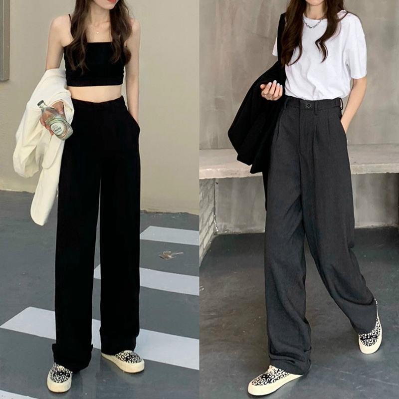 

High-Waisted Trousers, Retro Draped Pleated Wide-Leg Pants, Women, Black