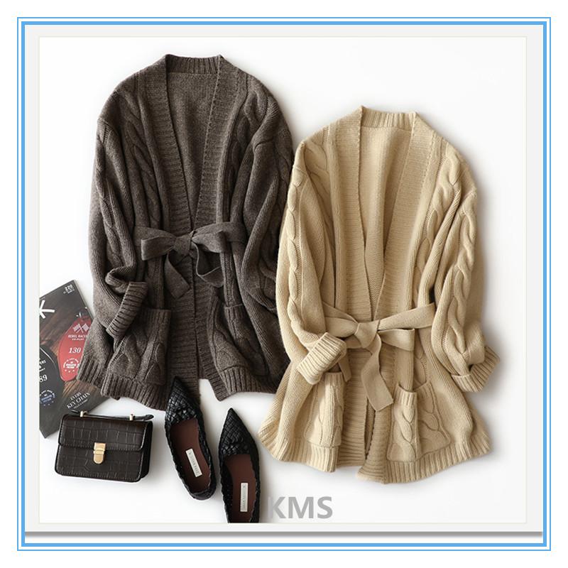 

KMS Yak cashmere cardigan new French lace-up lazy loose knit sweater retro simple sweater jacket, Dark brown
