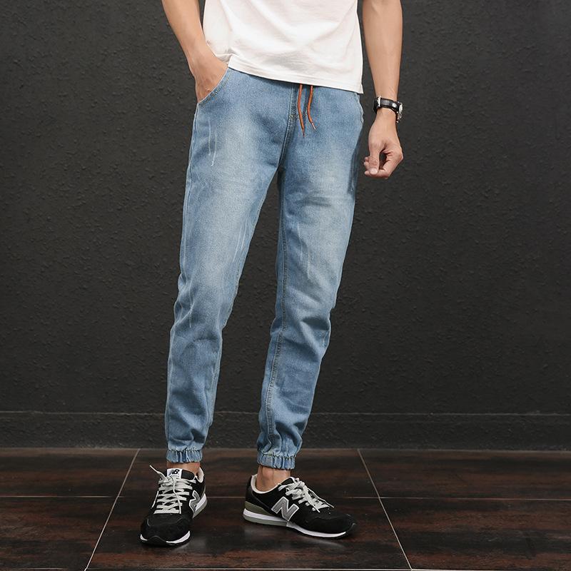 

Men's Jeans Large Size Ripped Decor Light Blue Drawstring Casual Fashion Joker Fit Spring Autumn Male Quality Pants, Dark blue