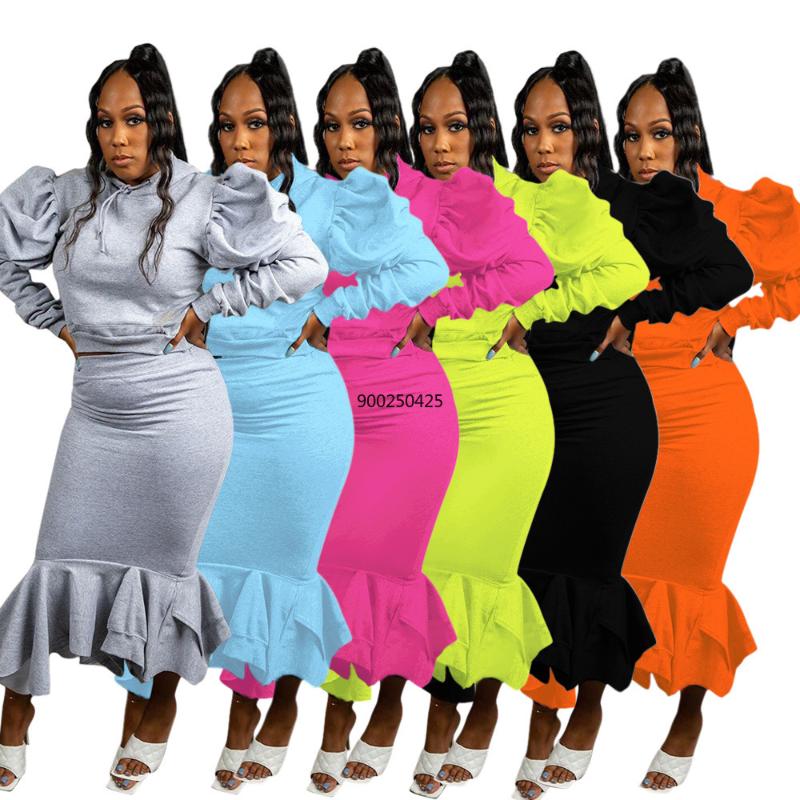 

Neon Color Sexy 2 Piece Skirt Matching Sets Stacked Long Puff Sleeve Crop Sweatshirt and Ruffles Bandage Mermiad Skirt Tracksuit, Orange