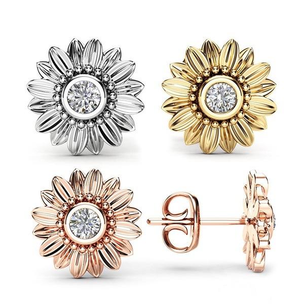 

Double Fair Delicate Sunny Sunflower Daisy Cubic Zirconia 3 Color Stud Earrings For Women Party Gift Fashion Jewelry KBE401