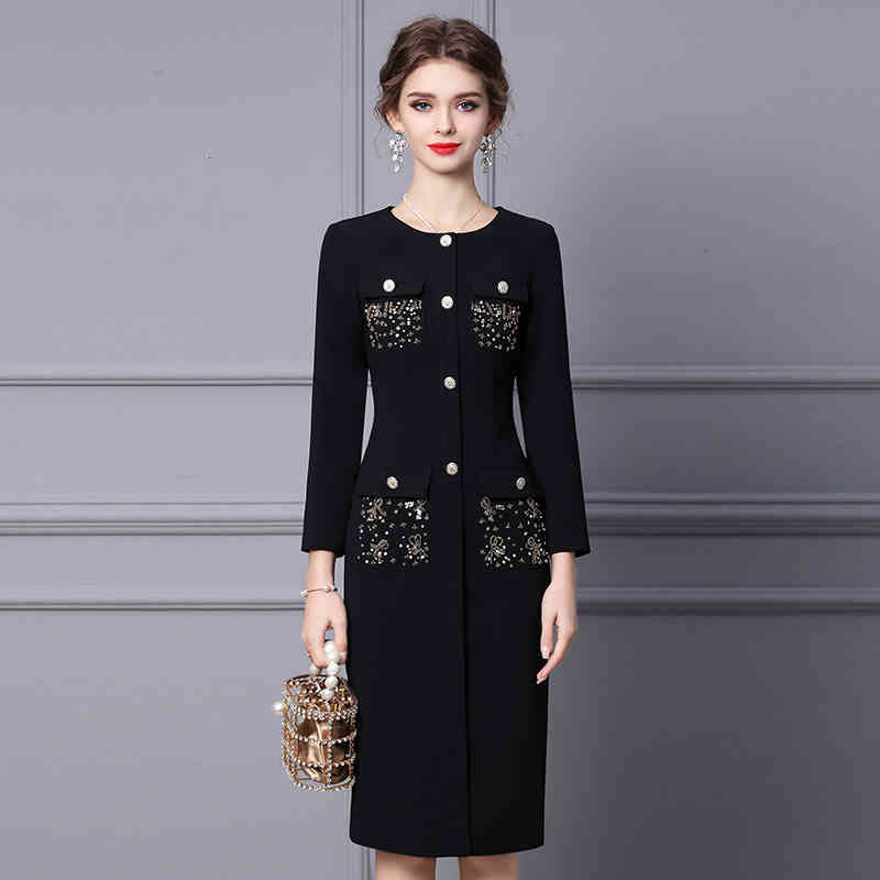 

Casual Dresses Zhili small fragrance dress in autumn and winter high-grade feeling with coat nail beads long sleeved skirt G2XM, Red