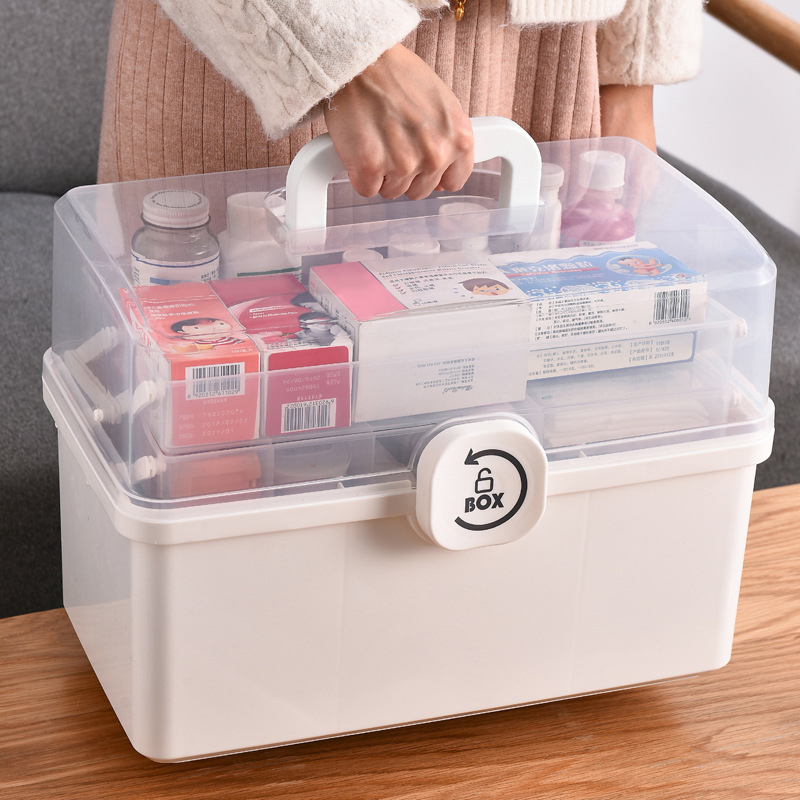

New Portable Empty First Aid Box Clear 2-Tray Plastic Medication Storage Box for Home with Divider Inserts and Handle White Y1113, Sky blue