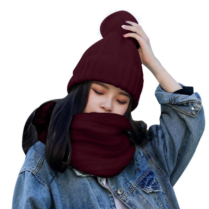 

Women's Warm Solid Plus Thicken Scarf And Hat Two-Piece Knit Windproof Cap Fleece Lined Headwear Pompom Hat And Warm scarf