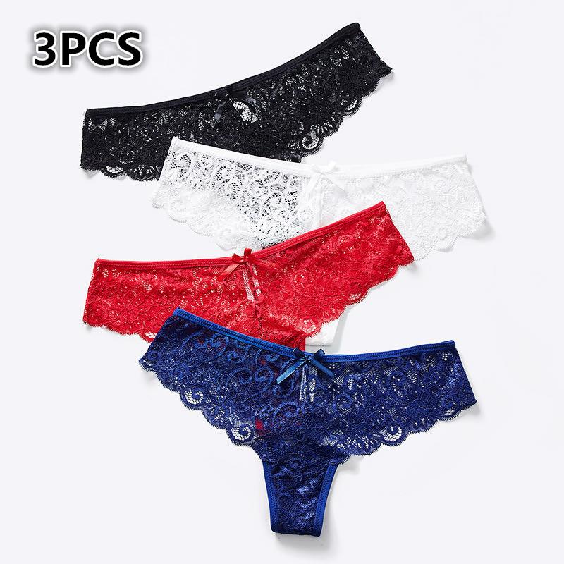 

3Pcs Low Rise Sexy Underwear Lace G-String Briefs Lingerie Panties Crotch Cotton Thong T-back For Women, Beige