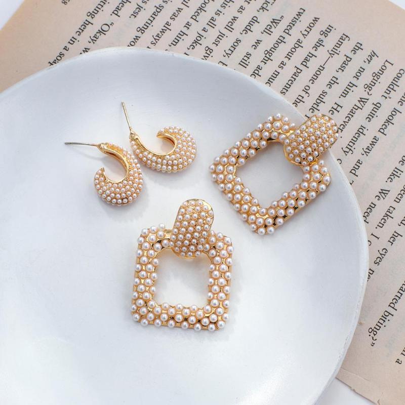 

AENSOA New Korean Simple Gold Metal Pearl Drop Dangle Earring Fashion Heart Geometric Statement Earrings for Women Party Jewelry